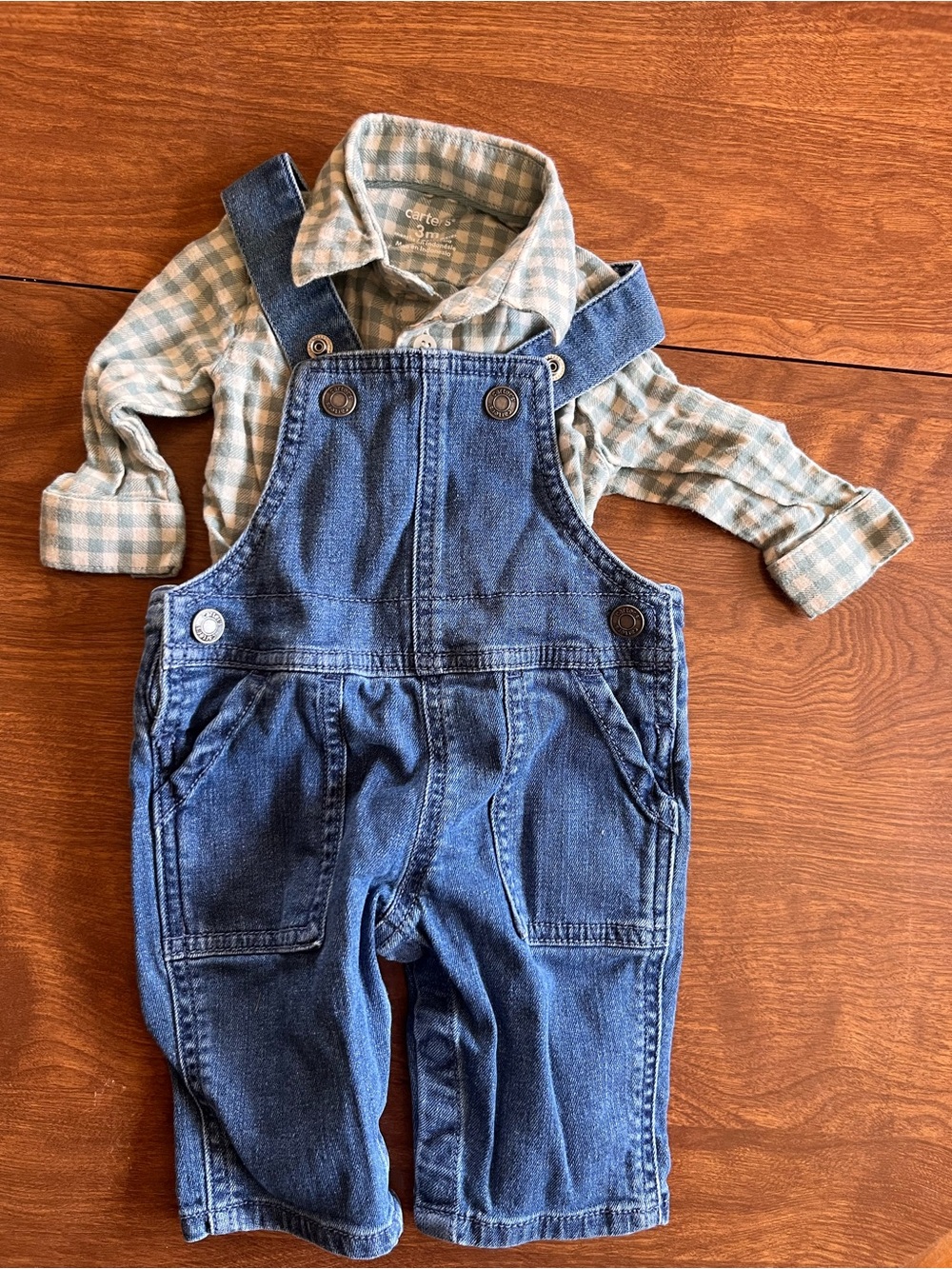 Carter's Blue Denim Overalls with Plaid Shirt Look
